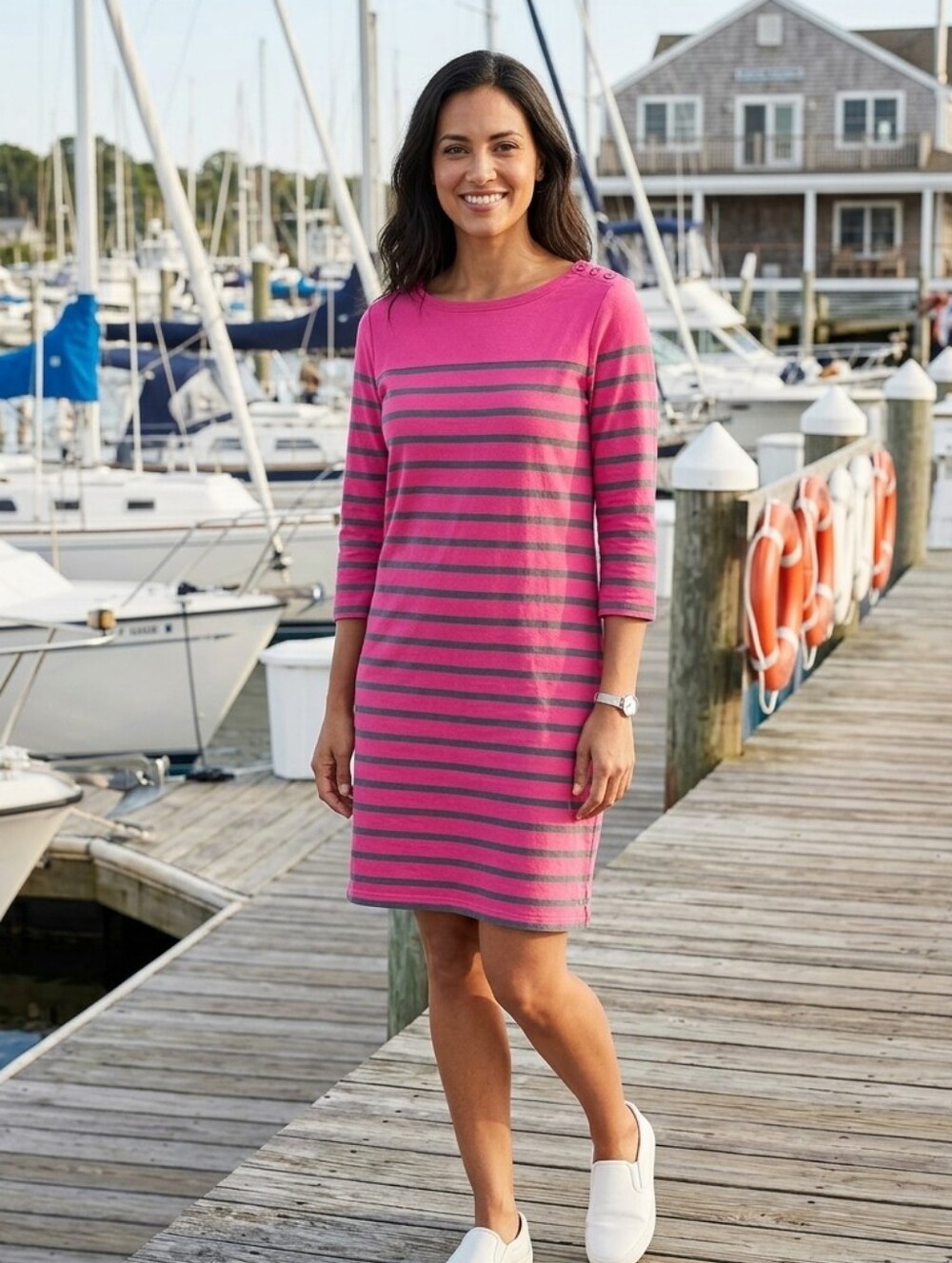 L.L. Bean Pink and Navy Long Sleeve Dress